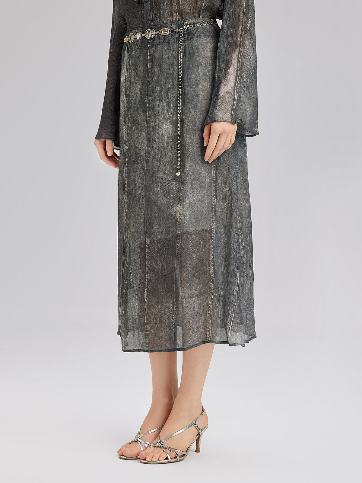 Washed Faux Denim Midi Skirt