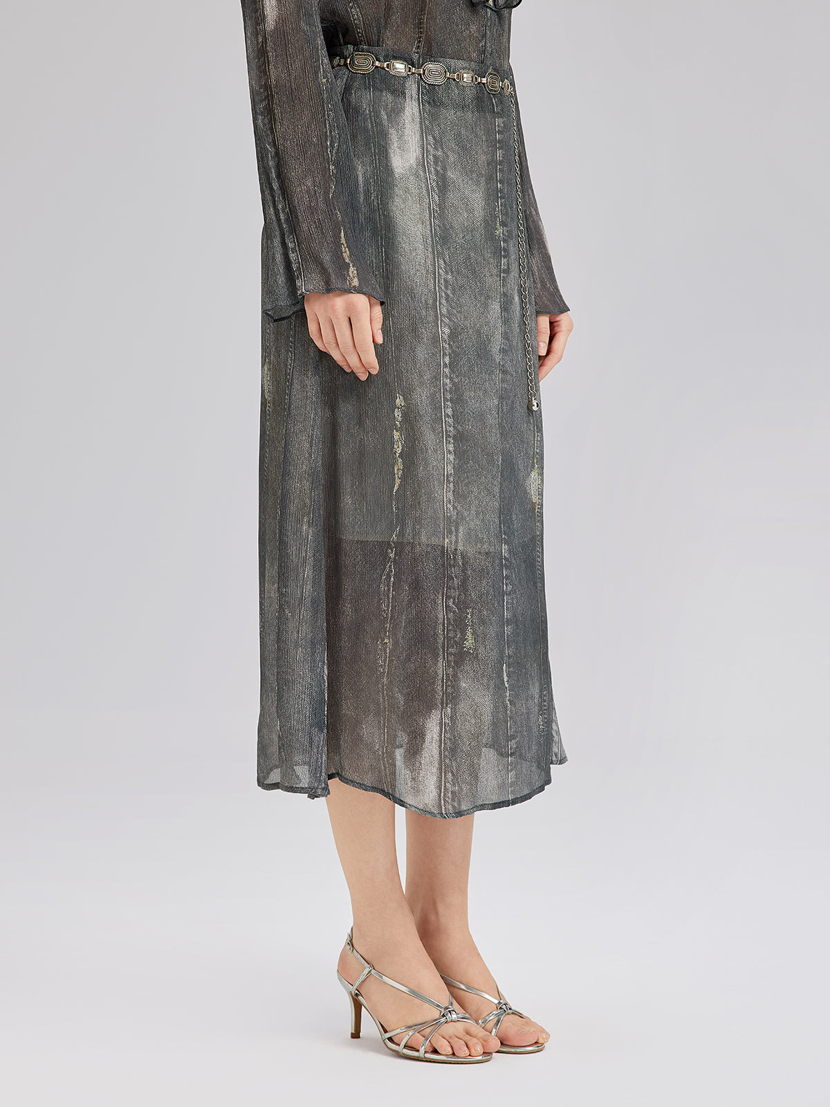Washed Faux Denim Midi Skirt