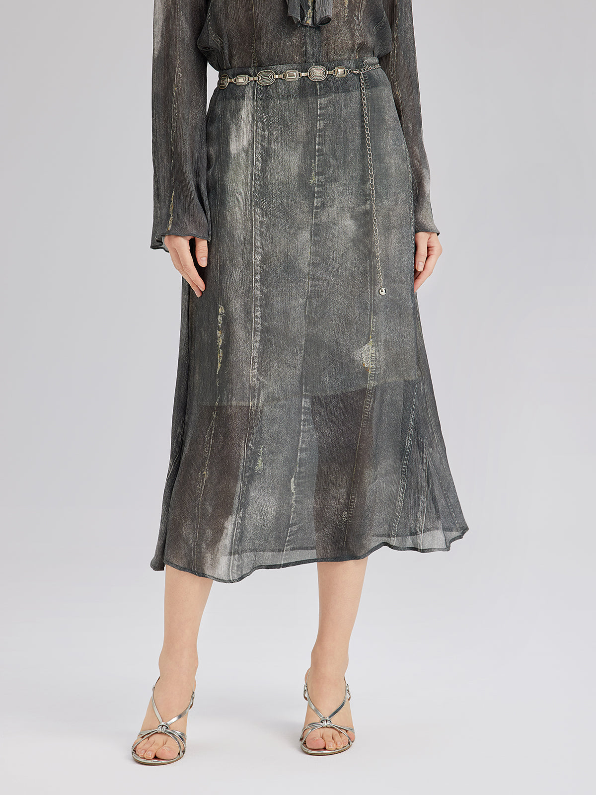 Washed Faux Denim Midi Skirt