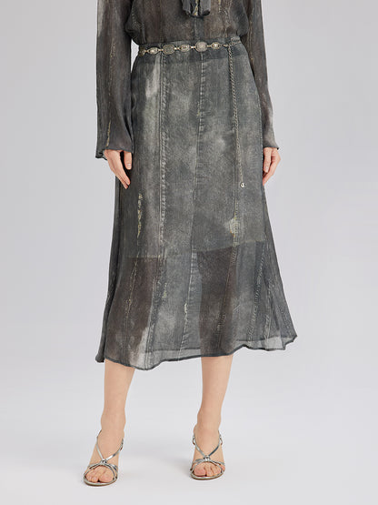 Washed Faux Denim Midi Skirt
