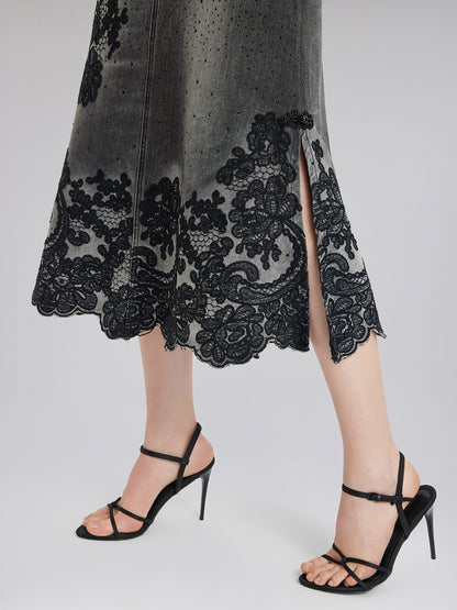 New Embroidered Rhinestone Denim Skirt