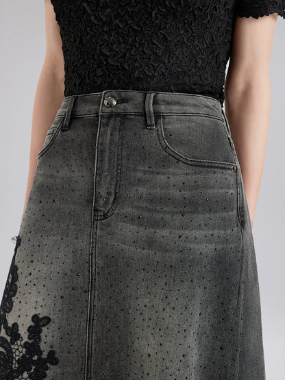 New Embroidered Rhinestone Denim Skirt