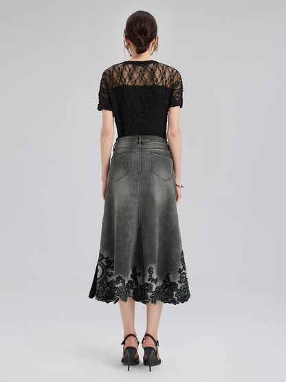 New Embroidered Rhinestone Denim Skirt