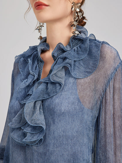 Silk Lace Ruffle Trim Blouse (100% Silk)