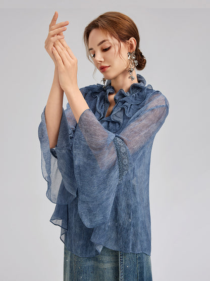 Silk Lace Ruffle Trim Blouse (100% Silk)