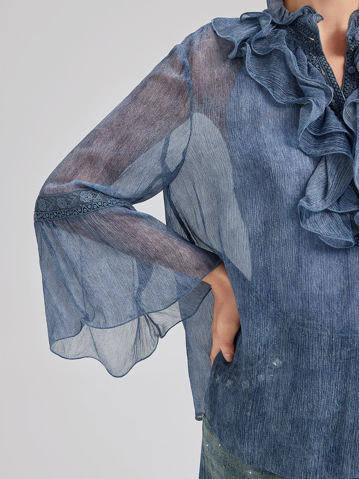 Silk Lace Ruffle Trim Blouse (100% Silk)