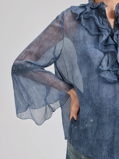 Silk Lace Ruffle Trim Blouse (100% Silk)