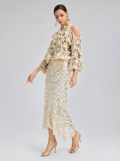 Sequin Floral Embroidery Cold-Shoulder Top