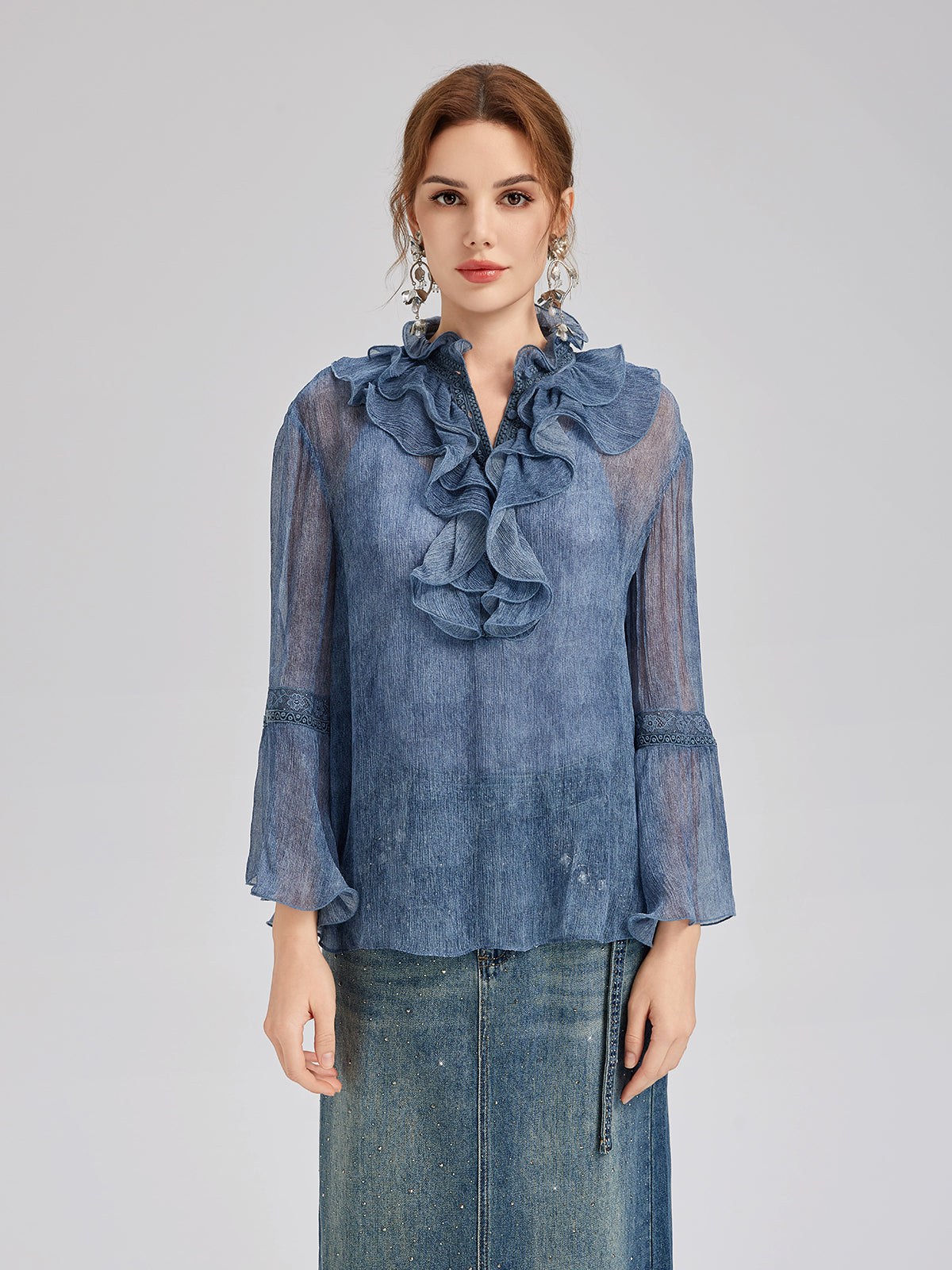 Silk Lace Ruffle Trim Blouse (100% Silk)