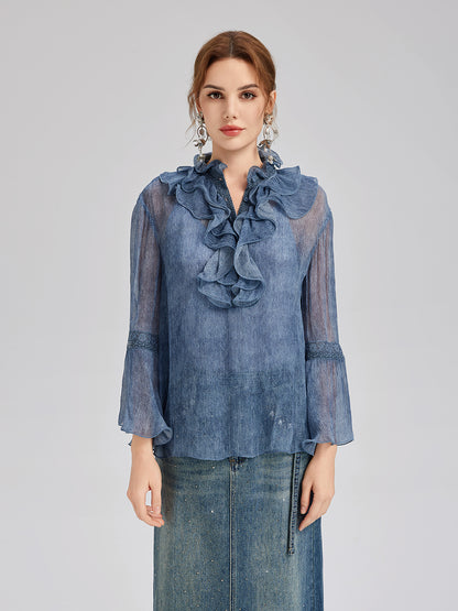 Silk Lace Ruffle Trim Blouse (100% Silk)