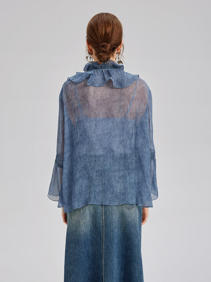 Silk Lace Ruffle Trim Blouse (100% Silk)