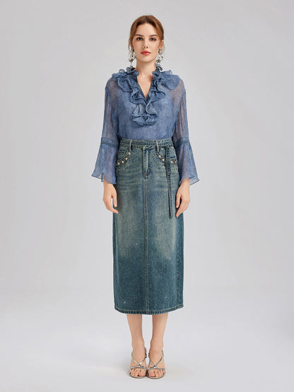 Hand-Beaded Rhinestone Waist Denim Skirt
