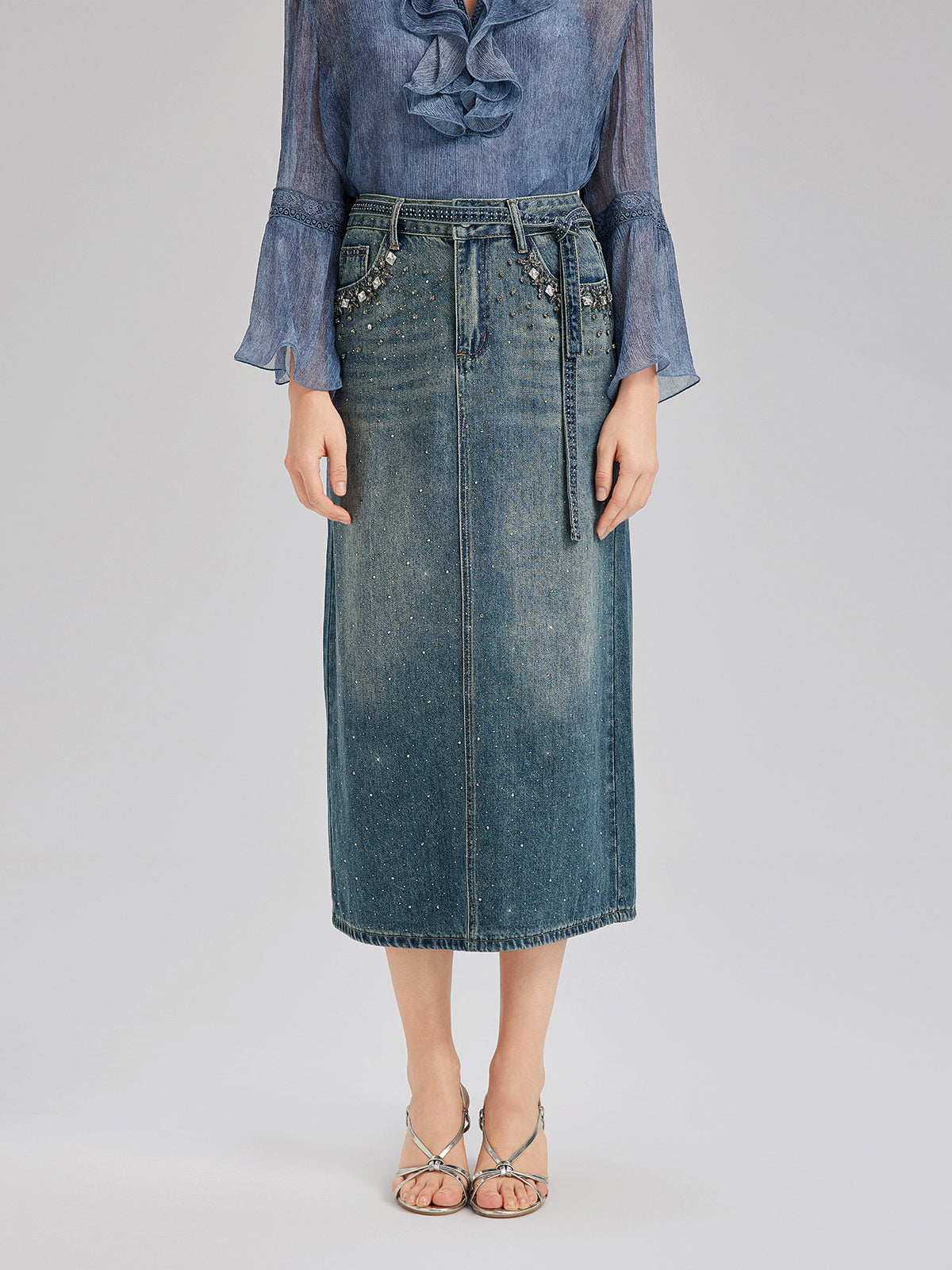Hand-Beaded Rhinestone Waist Denim Skirt