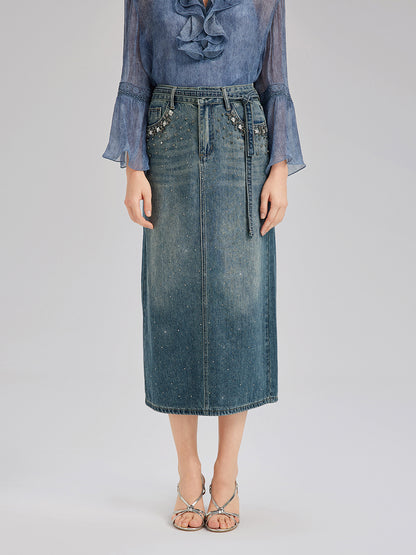 Hand-Beaded Rhinestone Waist Denim Skirt