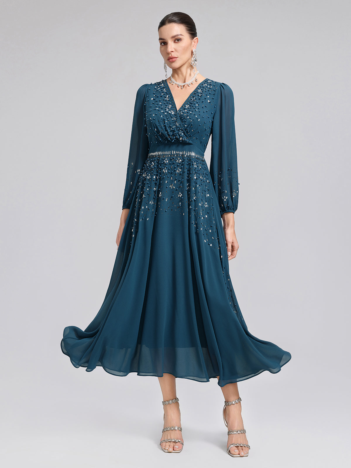 Rhinestone-Embellished Beaded Deep V Dress
