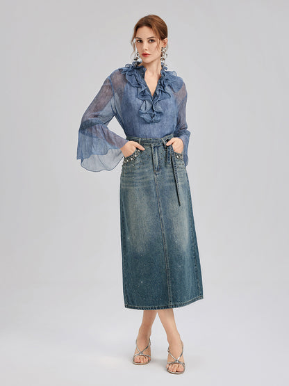 Silk Lace Ruffle Trim Blouse (100% Silk)