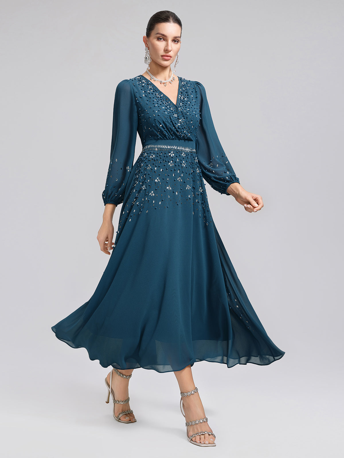 Rhinestone-Embellished Beaded Deep V Dress