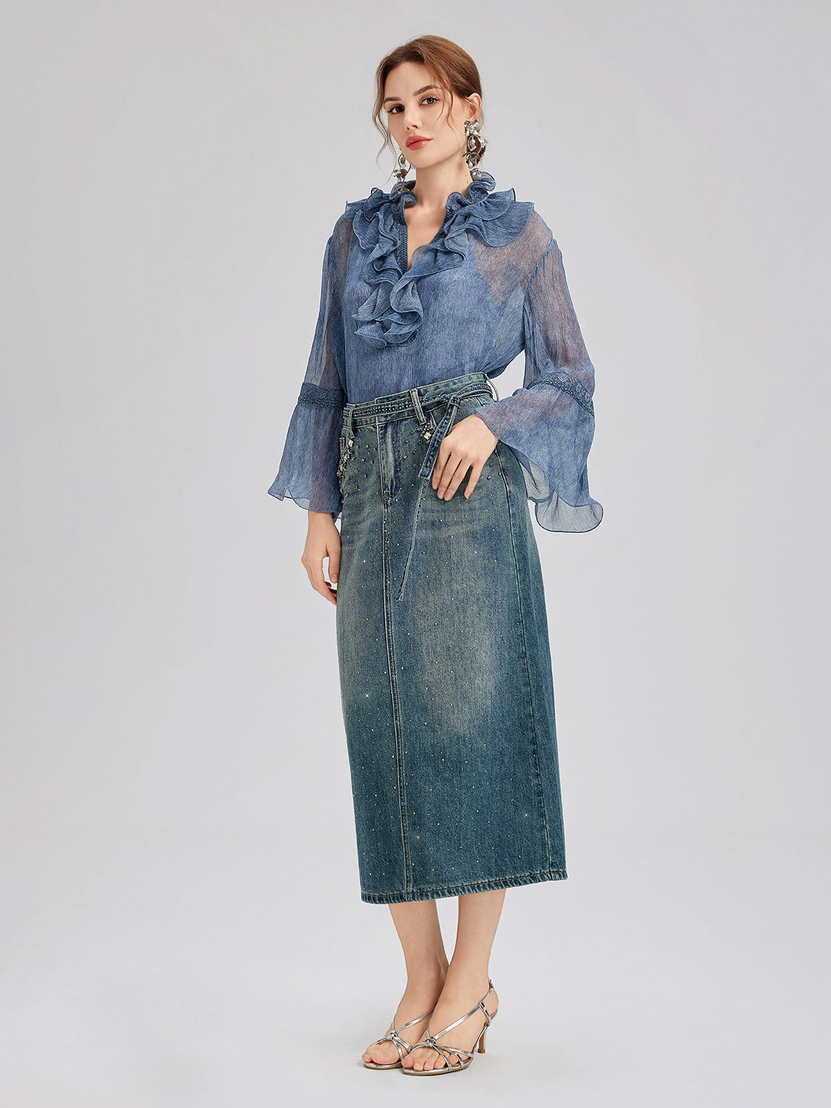 Silk Lace Ruffle Trim Blouse (100% Silk)