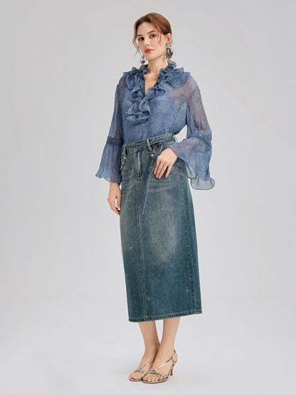 Silk Lace Ruffle Trim Blouse (100% Silk)