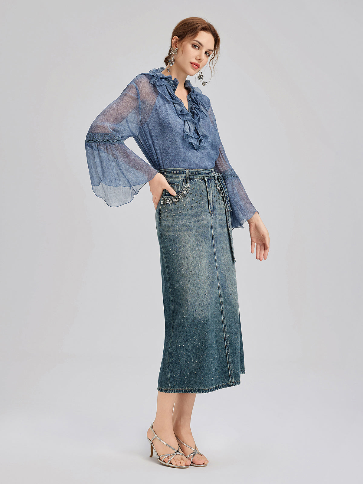 Hand-Beaded Rhinestone Waist Denim Skirt