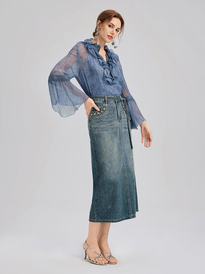 Hand-Beaded Rhinestone Waist Denim Skirt