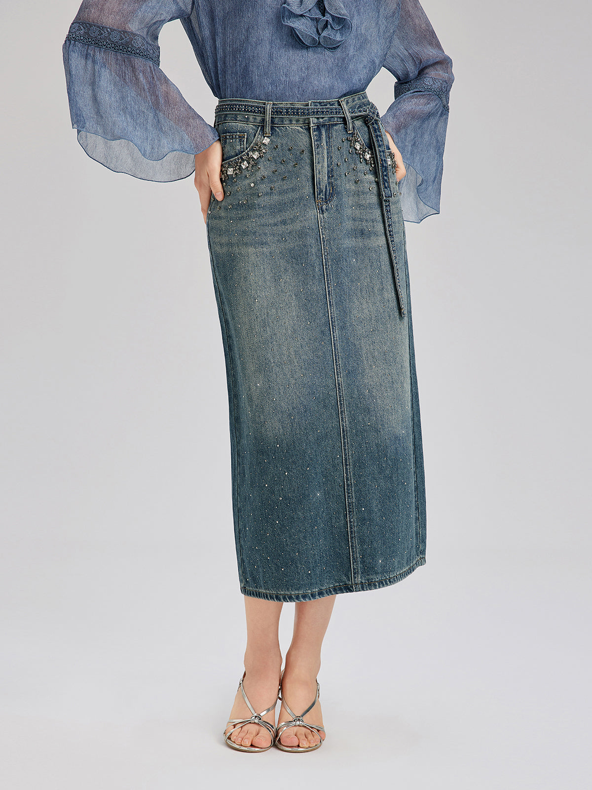 Hand-Beaded Rhinestone Waist Denim Skirt