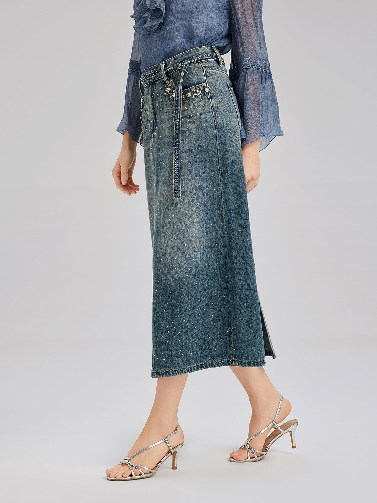 Hand-Beaded Rhinestone Waist Denim Skirt