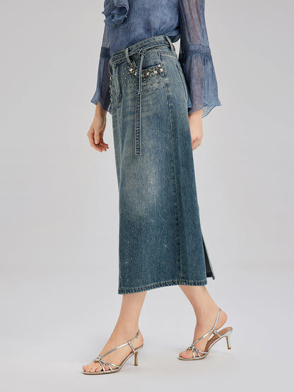 Hand-Beaded Rhinestone Waist Denim Skirt