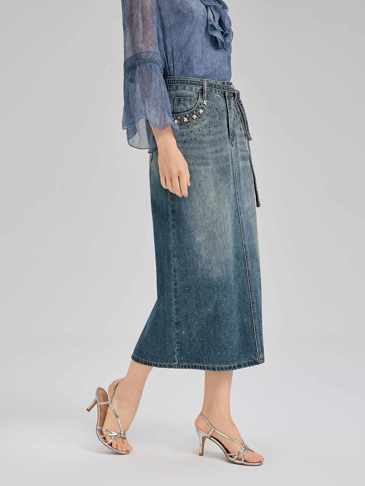 Hand-Beaded Rhinestone Waist Denim Skirt