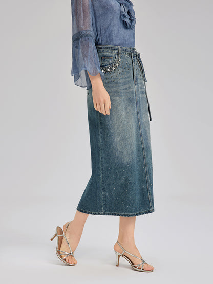 Hand-Beaded Rhinestone Waist Denim Skirt