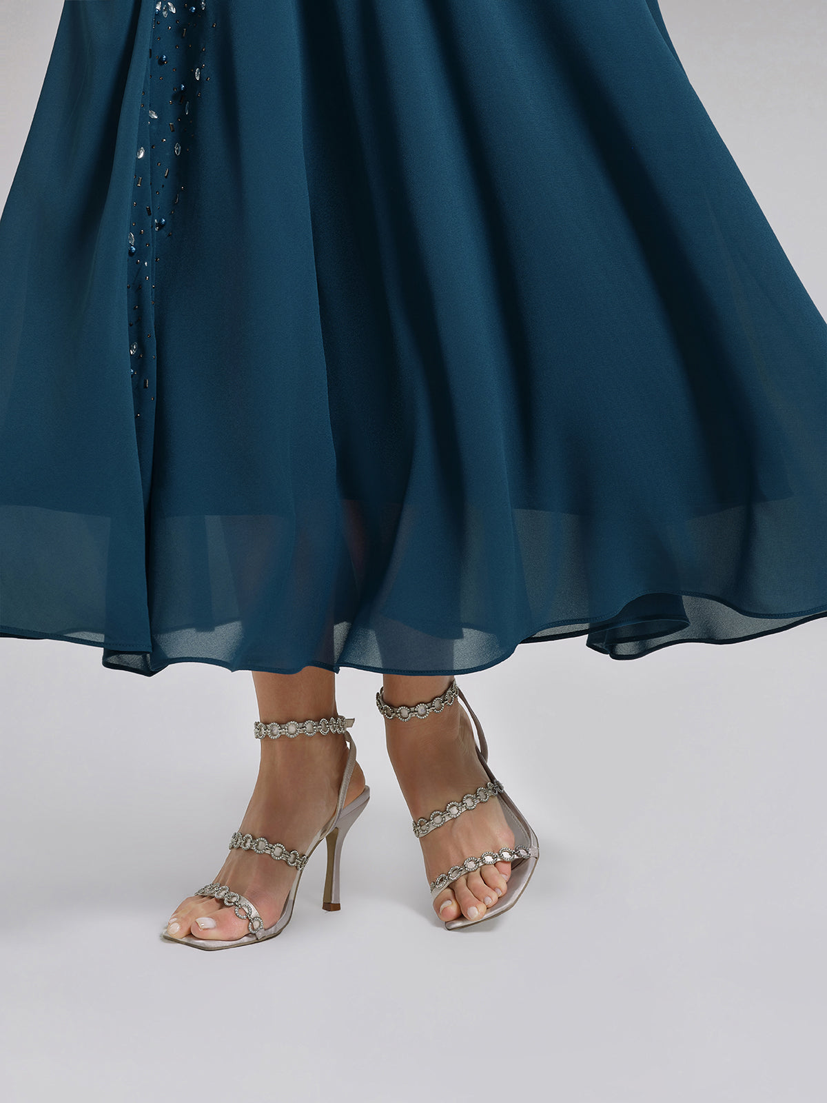 Rhinestone-Embellished Beaded Deep V Dress