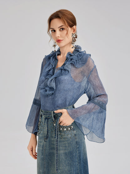 Silk Lace Ruffle Trim Blouse (100% Silk)