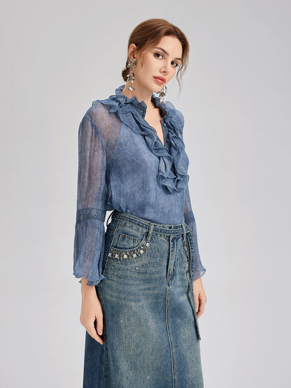 Silk Lace Ruffle Trim Blouse (100% Silk)