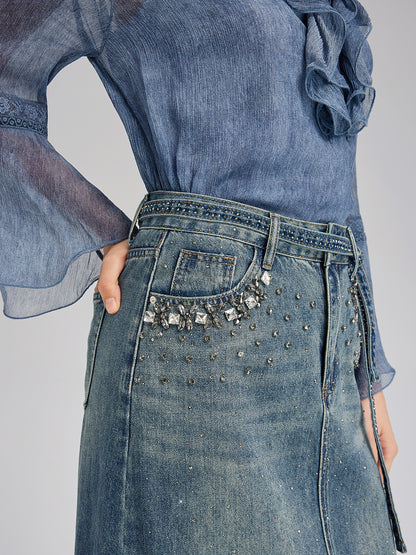 Hand-Beaded Rhinestone Waist Denim Skirt