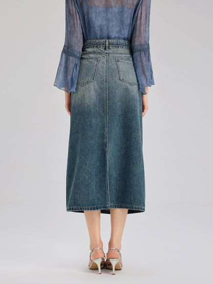 Hand-Beaded Rhinestone Waist Denim Skirt
