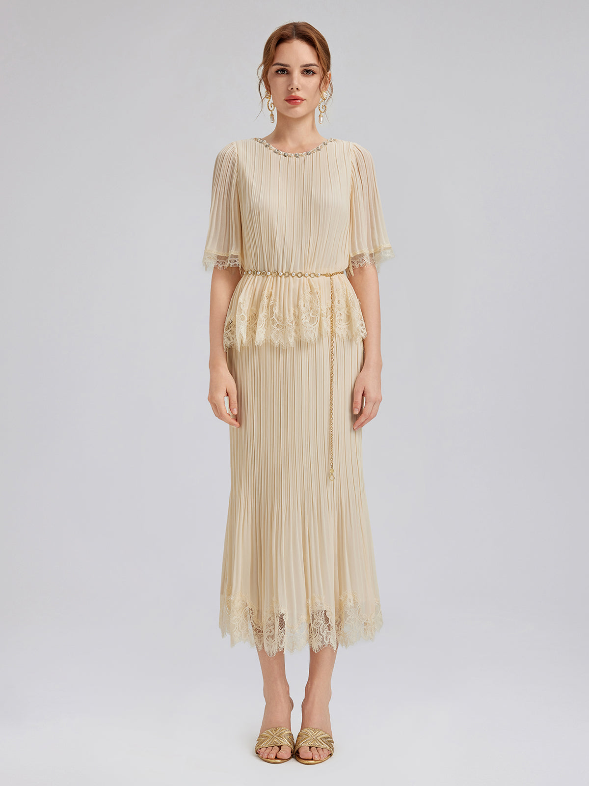 Pleated Lace Stretch Waist Set