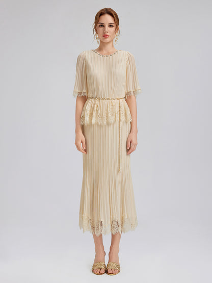 Pleated Lace Stretch Waist Set