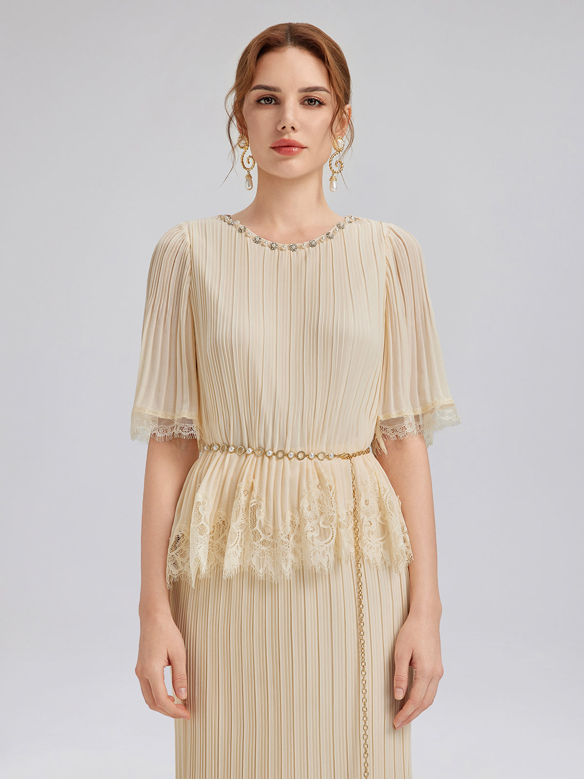 Pleated Lace Stretch Waist Set