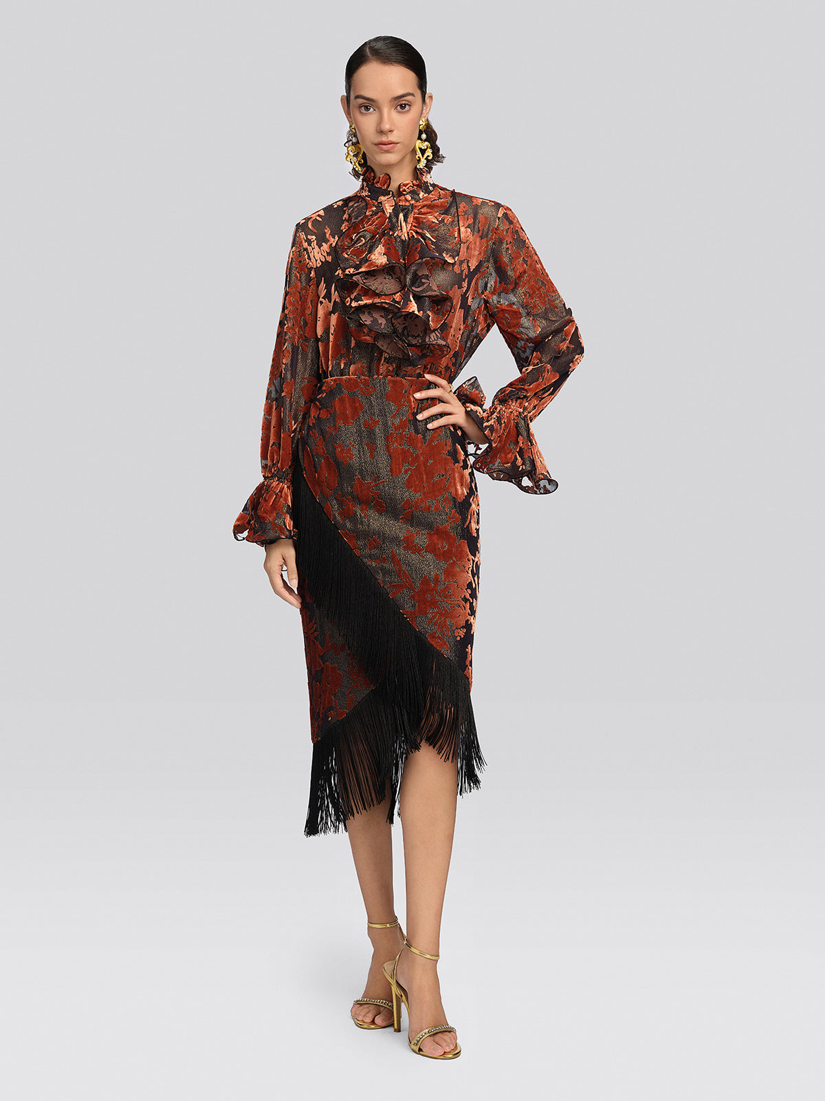 Burnout Velvet Floral Fringe Skirt