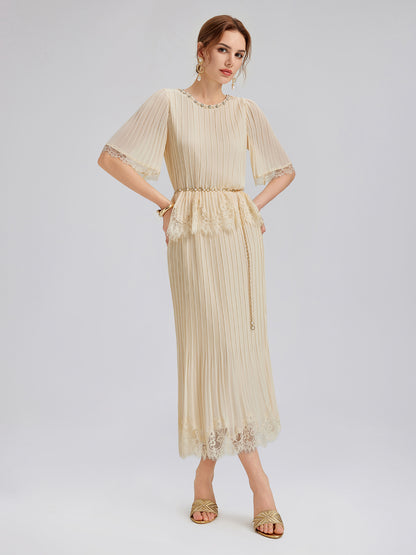 Pleated Lace Stretch Waist Set