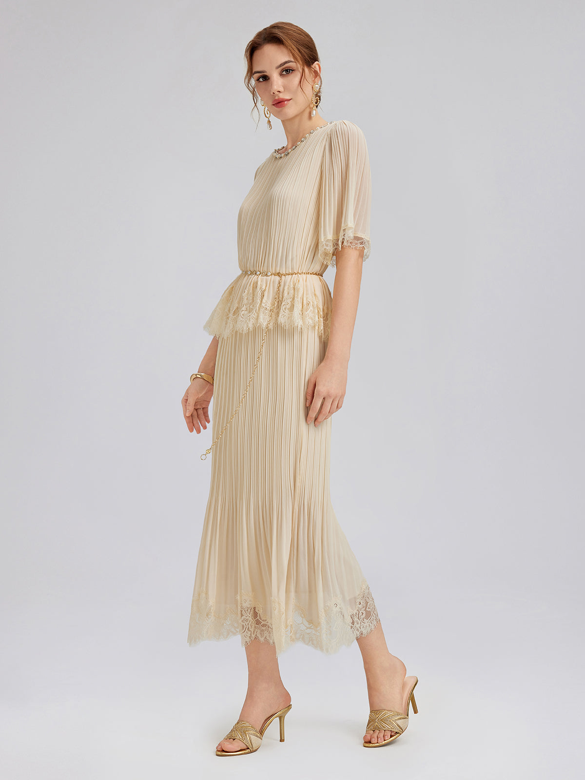 Pleated Lace Stretch Waist Set