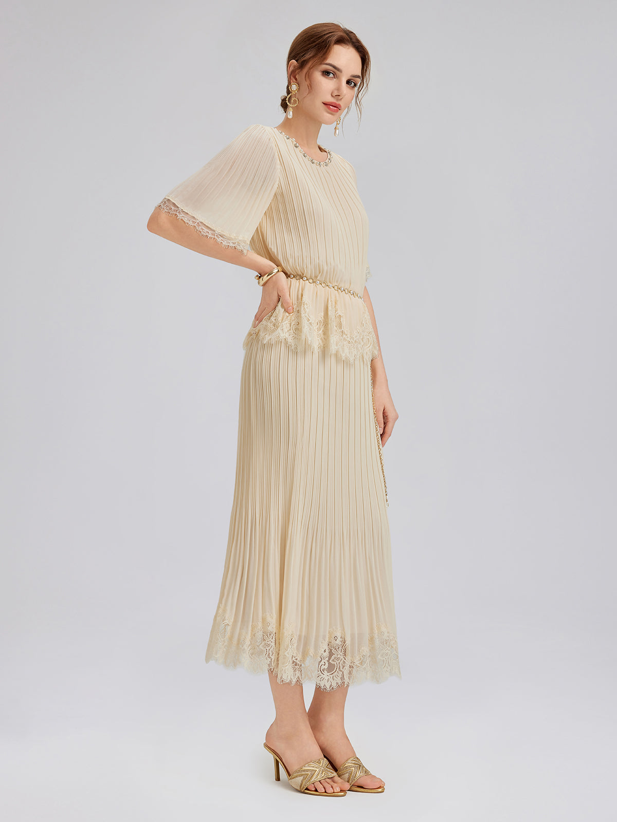 Pleated Lace Stretch Waist Set