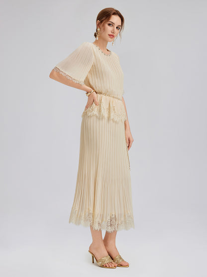 Pleated Lace Stretch Waist Set