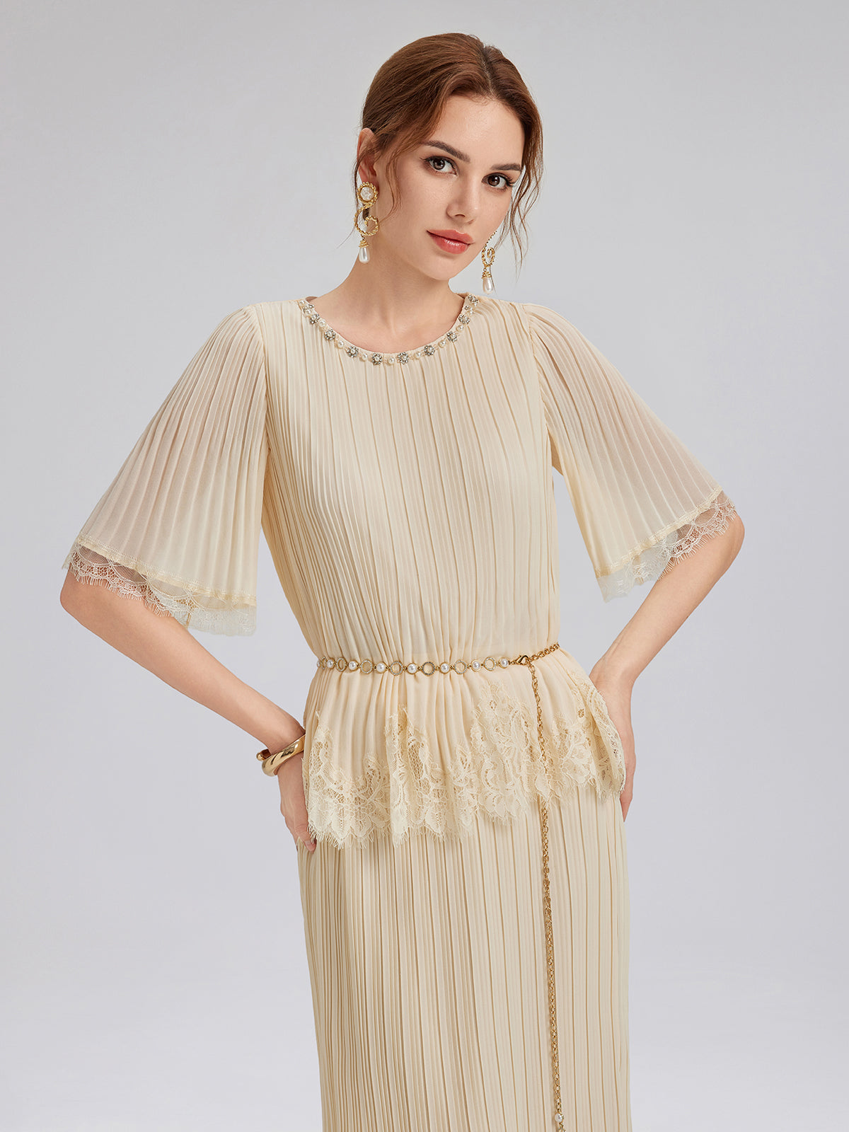 Pleated Lace Stretch Waist Set