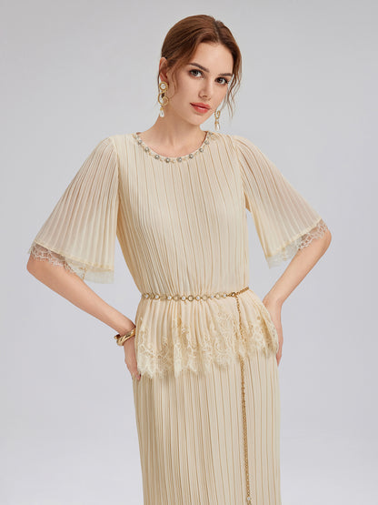 Pleated Lace Stretch Waist Set