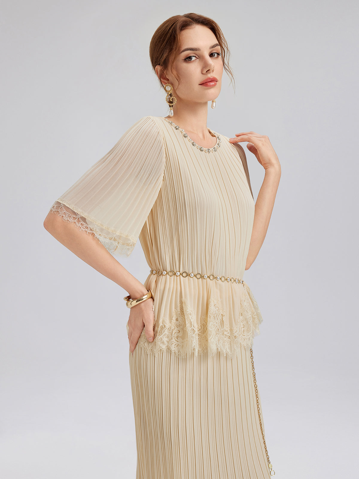 Pleated Lace Stretch Waist Set