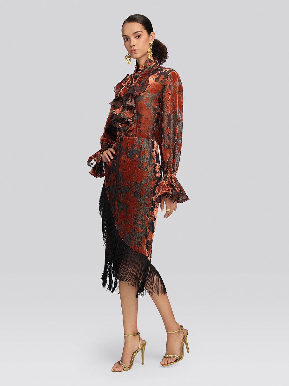 Burnout Velvet Floral Fringe Skirt