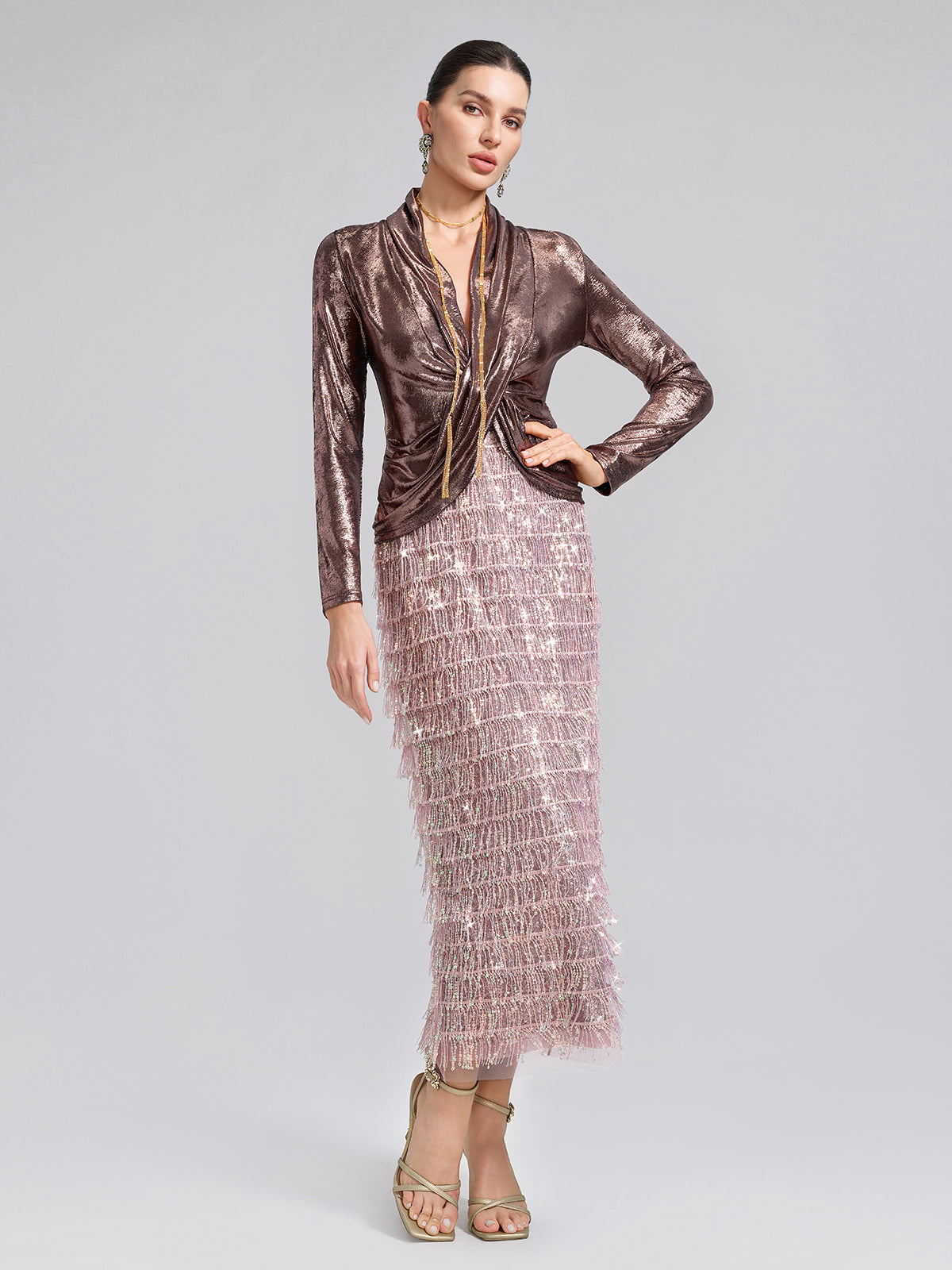Gold-Foil Deep-V Draped Top
