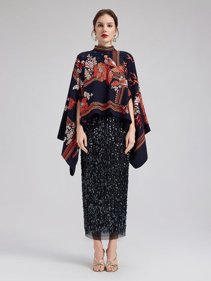 Magpie Embroidered Chinese-Inspired Cape Blouse