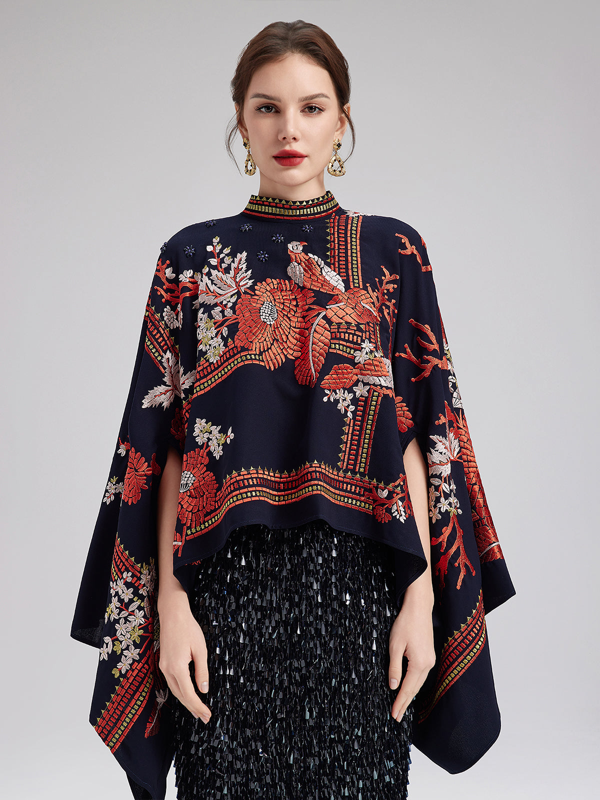 Magpie Embroidered Chinese-Inspired Cape Blouse